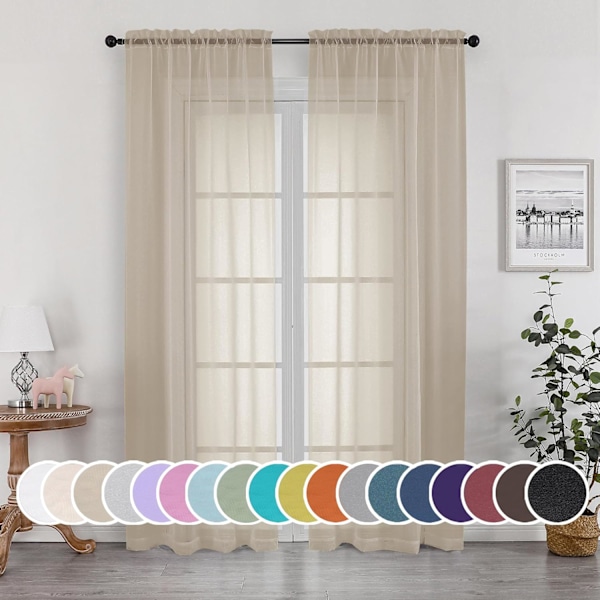 Lett, transparent mokkafargede gardiner 213 cm lengde - Sett med 2 (Hver panel er 134 cm bred) - Transparente gardiner med stangkanaler for stue og soverom