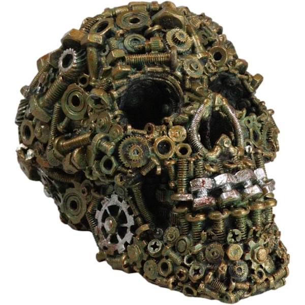 Ebros Steampunk Junkyard Mekaniker Gear Møtrikker Bolte og Skruer Hardware Skull Dekorativ Figur 7\" L i Bronze Patina Resin Macabre Dekor Kranier og