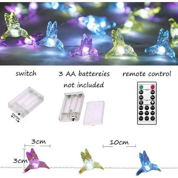 Kolibri-fe-ljus, batteridrivna, 40 LED-fågel vattentät ljusslinga med 8 lägen fjärrkontroll för bröllop, fest, festival, inomhus,