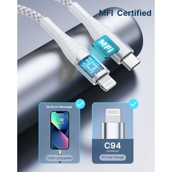 USB C till Lightning-kabel 2-pack 6 fot, [Apple Mfi-certifierad]