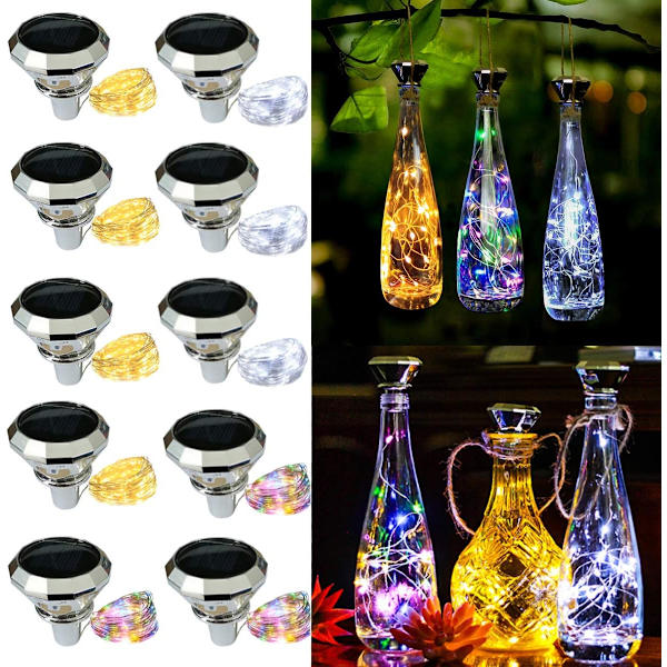 Starry Love Solar Diamond Vinflaske Lys 10 Pakke 20LED Udendørs Vandtæt Multicolor Fe Lyskæde (3 Farver), Velegnet til de fleste vin 3
