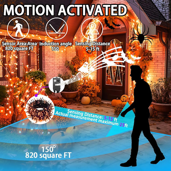 LED-lysslynger med skummel musikk, bevegelsessensor Halloween-lys utendørs vanntett oransje lys med lyder for Halloween-dekorasjon jul