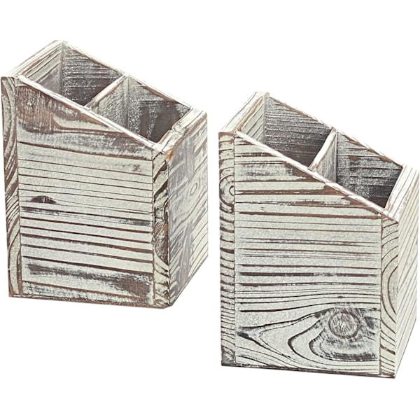 2-pack rustika träpennhållare, 2 fack träpennhållare för kontor/hem (4x5,5 tum) Rustik Rustik