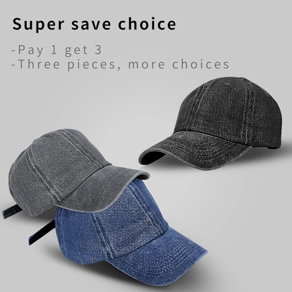 3 stk. Unisex Vintage Vasket Distressed Baseball-Cap, Retro Justerbar Dad