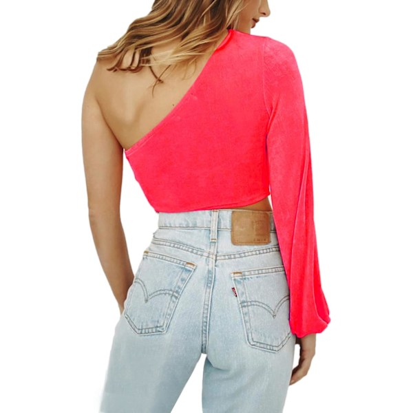 Kvinnors sexiga one shoulder cut out biskopslångärmad crop tee blus topp