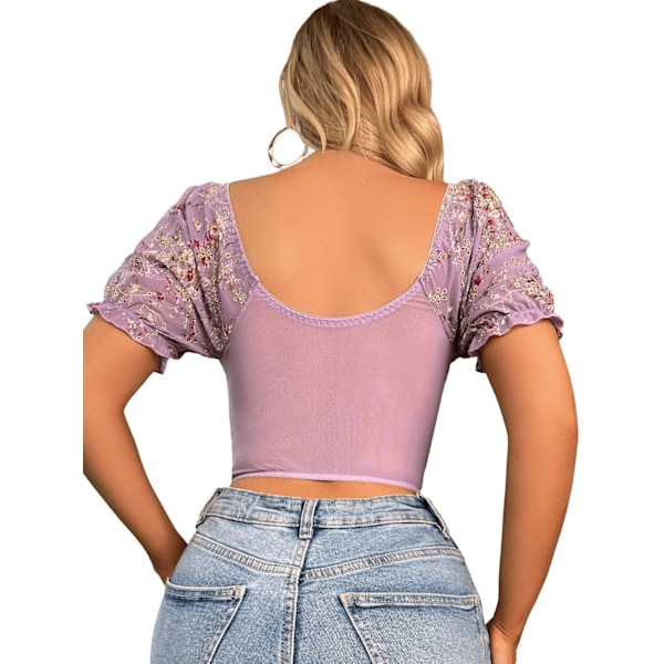 Kvinde Blomster Print Kort Puff Ærme Sweetheart Hals Chiffon Crop Top