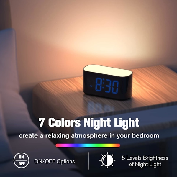 Digital väckarklocka för sovrum - Stor display lätt att läsa över rummet, 7 större färgade nattljus, dubbel alarm, dimmer, True Baery Blue