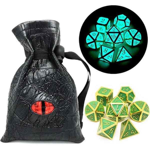Glow in the Dark Glowing Blue Metal Dice Set D&D W/ Dragon Dice Bag