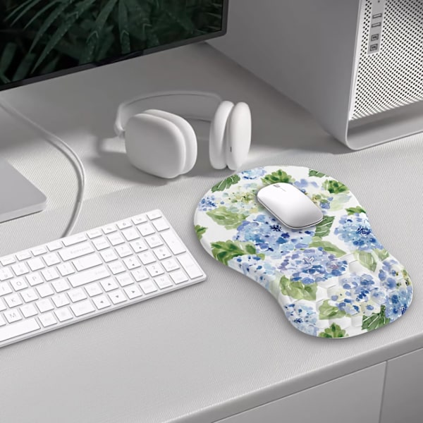 Blå Hortensia Ergonomisk Musmatta med handledsstöd, Vit Söt Blå Blommig Musmatta Kawaii Handledsstöd Smärtlindrande Musmatta med Minnesskum Blå