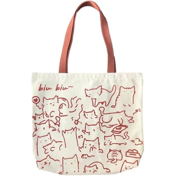 Katt Canvas Tote Bag, Stor Søt Tote Bag for Kvinner med Glidelås, Bomull