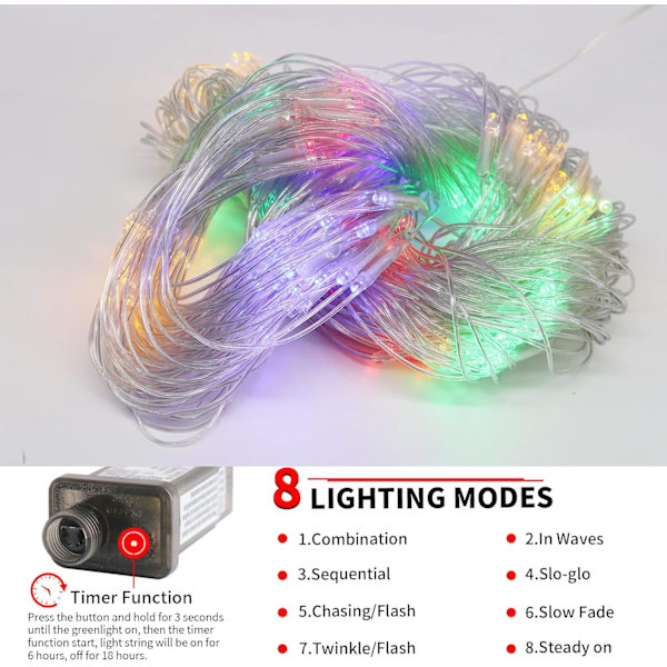 Julgransljus Utomhus Nätljus 9,8ft x 6,6ft 198 LED Flerfärgade Nätljus Plug in Mesh Ljus 8 Lägen Anslutningsbara för Tak Trädgård Gräsmatta