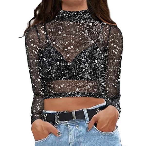 Kvinners kort ermet lang ermet gjennomsiktig mesh crop tops t-skjorte bluse