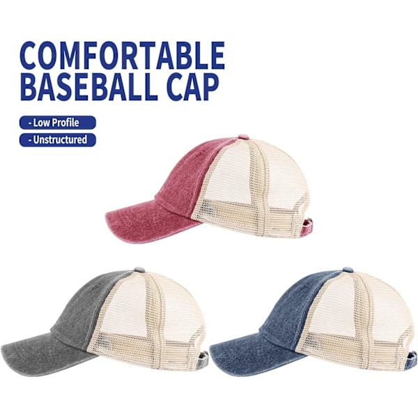 3-pack tvättade enfärgade basebollkepsar. Retro justerbara pappakepsar present till