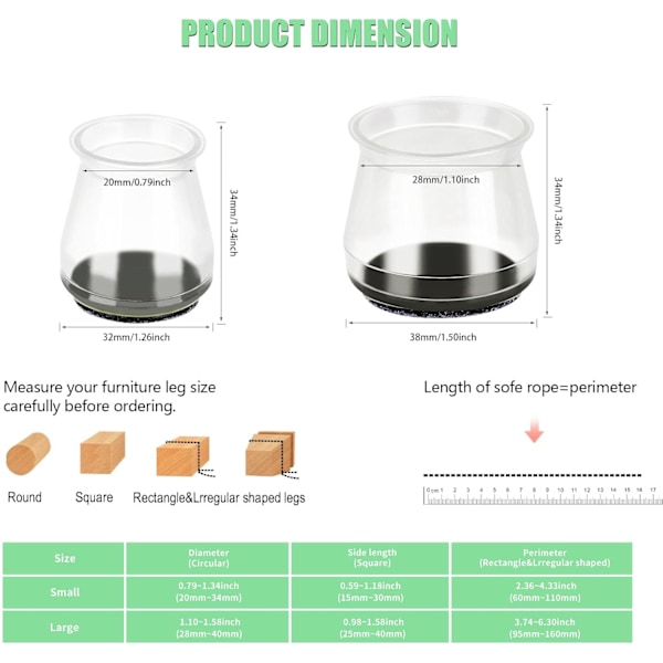32 st möbelbensskydd, filtmöbeldynor för trägolv, genomskinliga stolsbensöverdrag, uppgraderade skydd, fritt rörliga bordsbensöverdrag
