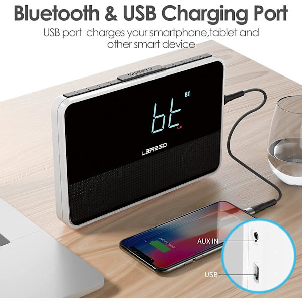 Väckarklocka Radio Bluetooth V5.2 Högtalare med HD-ljud och bas, Blå display med automatisk dimmer, Snooze, Sleep Timer, Justerbar volym, 5V1A USB Lvory
