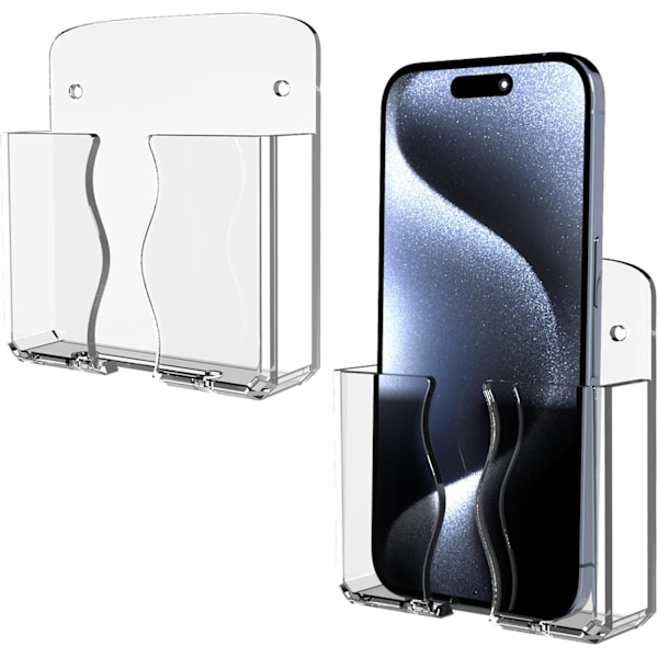 Seinään kiinnitettävä puhelinpidike, läpinäkyvä teline itseliimautuva latausreiällä, yhteensopiva iPhone- ja Android-älypuhelimien kanssa, sängyn vieressä oleva järjestäjä kaukosäätimelle