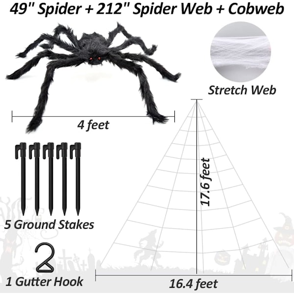 3 stk 212'' Halloween edderkoppnett 49'' Halloween edderkoppdekorasjoner Stretch Cobweb Fake Spider Giant Spider Web for Indoor Outdoor Yard Lawn Home