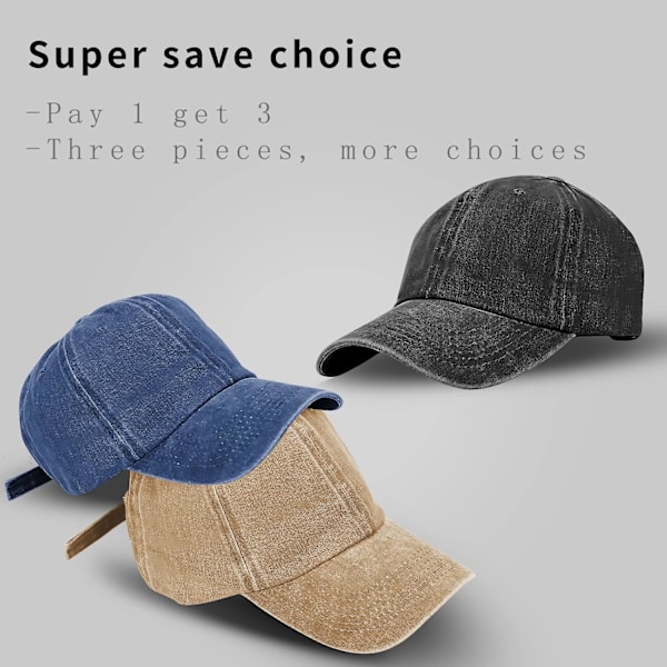 3-pack unisex vintage tvättad sliten basebollkeps. Retro justerbar pappa