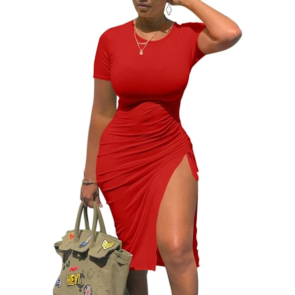 Kvinners Sexy Bodycon Kort Ermet Slit Ruched Sommer Club Fest Midikjole