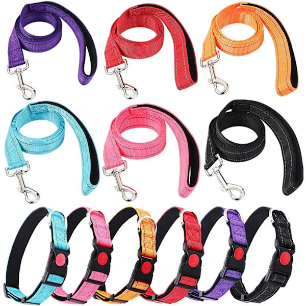 6 sett reflekterende hundebånd og halsbånd sett, nylon hunder bånd justerbar hundekrage heavy duty polstret håndtak hundebånd for små mellomstore store