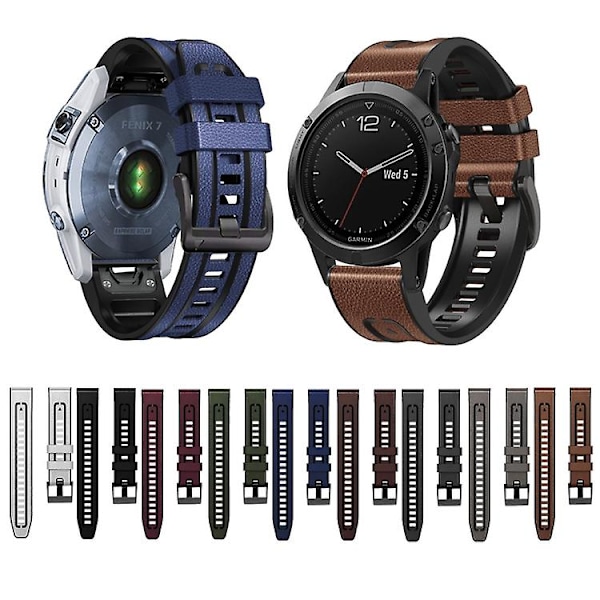 For Garmin Fenix 7x Silikone + Læder Quick Release Rem Army Green