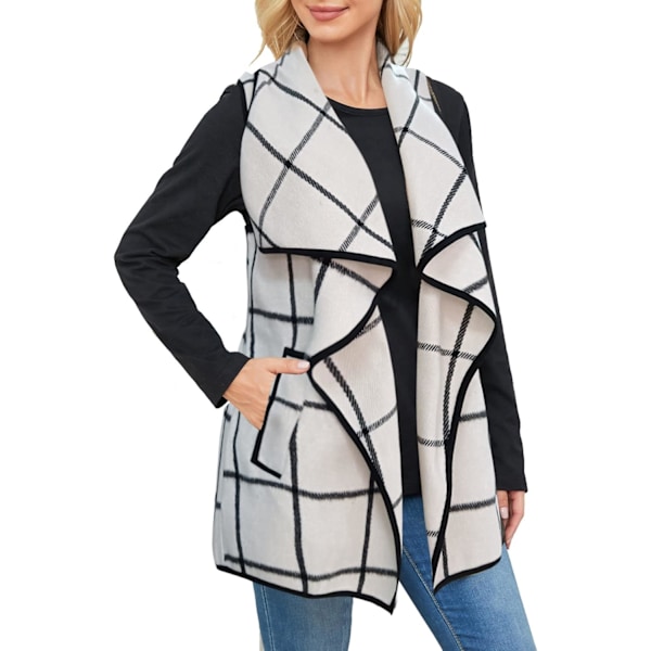 Dame Vest Lapel Åben Front Buffalo Plaid Ærmeløs Cardigan Jakke Frakke med
