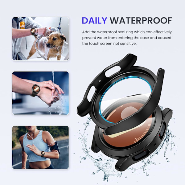 Vandtæt etui til Galaxy Watch 7 skærmbeskytter 44mm, [Ingen Dug] Hærdet glas frontcover kompatibelt med Watch 7 tilbehør 44 mm Sort Galaxy