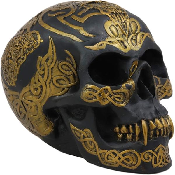 Ebros Keltisk Tribal Knotwork Tattoo Sort Spøgelse Vampyr Kranie Statue 7\" Lang Som Macabre Ossuary Dekoration Dracula Skelet Kranium til     Black & Day