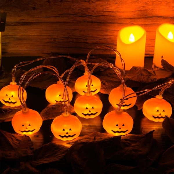 Halloween-lyskjede, LED-gresskarlys - 3D vanntett oransje Jack-O-Lantern 20 LED batteridrevet lyskjede, 8 moduser feriebelysning