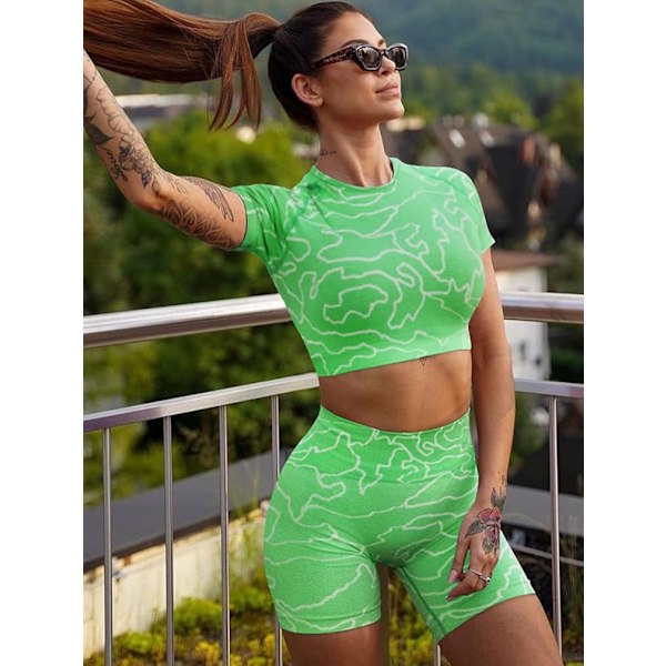 Kvinnors träningskläder 2-delat set Yoga stretch topp och hög midja sport shorts
