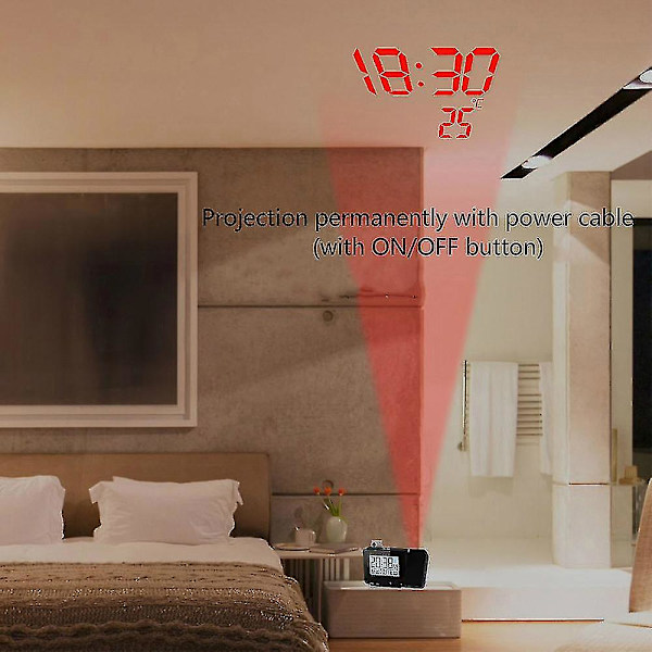 Projektionsvækkeur til soveværelse med termometer Hygrometer Digital projektionsur Dæmpbar LED-skærm med USB-oplader 180 drejelig med Dua