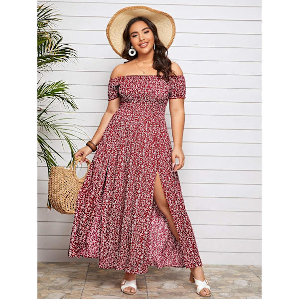 Plus Size Boho Blomster Off Shoulder Sommer Split A-Linje Lang Maxi Kjole til Kvinder