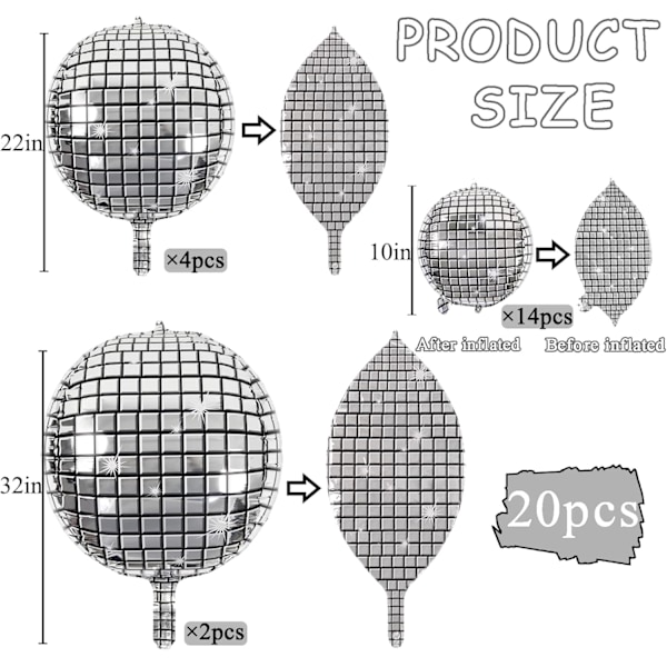 Discokuleballonger 20-pakning forskjellige størrelser 4D Large
