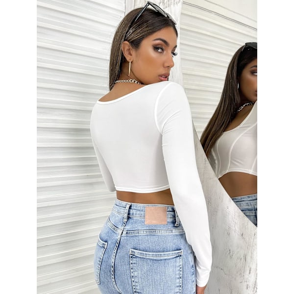 Kvinde Langærmet Crop Top Tee Firkantet Hals Basic T-shirt