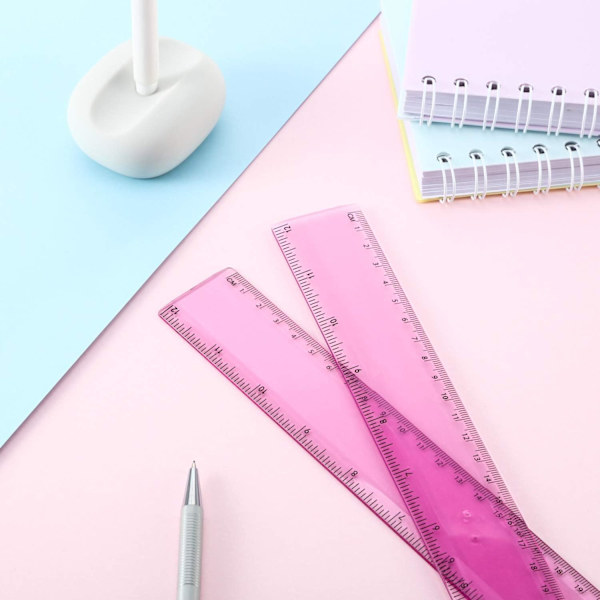 Plastlinjal Rak Linjal - Mätverktyg för Student Skola Kontor (Rosa, 12 Tum, 2 Pack)