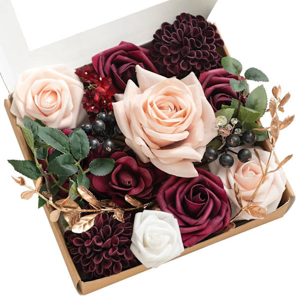 Bordeaux Konstgjorda Blommor och Grönska Mini Combo Box Set, Marsala & Blush
