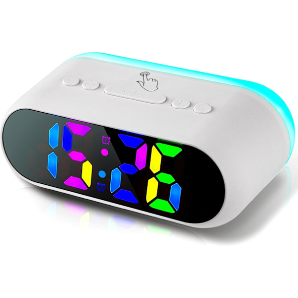 Høj Alarmur til Soveværelser med Dynamisk RGB Nattelys, Farverig LED Digital Alarmur med Snooze, Dobbelt Alarm, Dæmper, Natbord Digitalt Ur