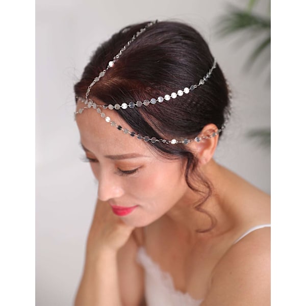 Bröllop Boho Silver Head Chain Bröllopshuvudbonad Bohemian Bröllopshårtillbehör