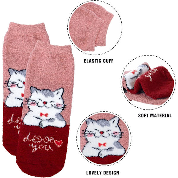 Mjuka strumpor för kvinnor 5 par vintervarma fluffiga tofflor strumpor mjuka söta katt