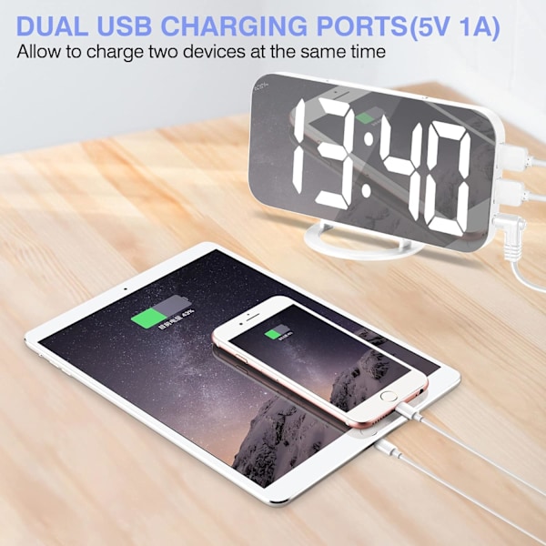 Digitalt vækkeur, 6,6\" stort spejl LED-ur med dobbelt USB-opladerporte | Nem snooze-funktion | 3 justerbar lysstyrke egnet til