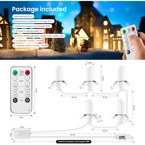 Fjernbetjent belysningssystem, 9,8 fod tilbehørssnor med 5LED C7 varmt hvide pærer, 2 pakker, indbygget 4 lystilstande og timer, perfekt til