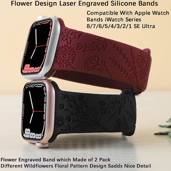 Blomstergraveret silikonearmbånd, der er kompatibelt med Apple Watch