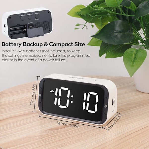LED Digital Väggklocka för Sovrum Dubbel med Snooze för Tung Sovande Vuxna Barn med USB-port för Laddning 10~100dB Justerbar Volym Vit