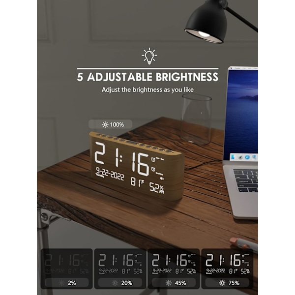 Väckarklocka för sovrum, sängbord, digital väckarklocka i trä med reservbatteri, USB-port, 200 % ljusstyrkedimmer, snooze, dubbelalarm med gult