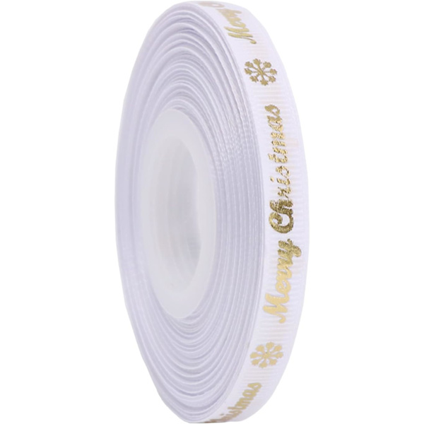 Glædelig Jul Bånd 22m - Glitter Guld Hvid Satin Bånd
