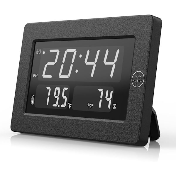 Alarmklokke, skrivebord med temperatur, fuktighet, veggklokke, batteridrevet, automatisk dimming, 12/24 timer, for skrivebord, veggmontert, klokke for dyp svart