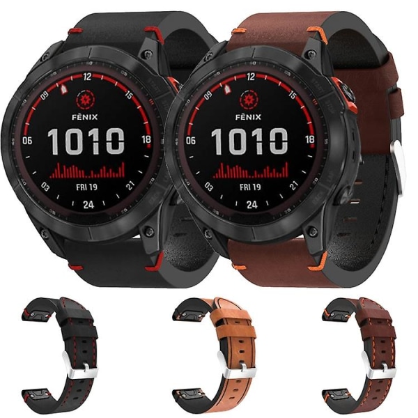 För Garmin Fenix 7x Solar 26mm Läder Sömnad Stål Spänne Klockarmband OVM Coffee