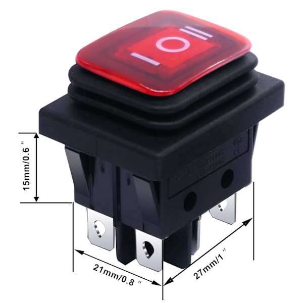 Vattentät vippströmbrytare - Rött LED-ljus, 6 stift, DPST, 3-läges PÅ/AV/PÅ (2-pack)