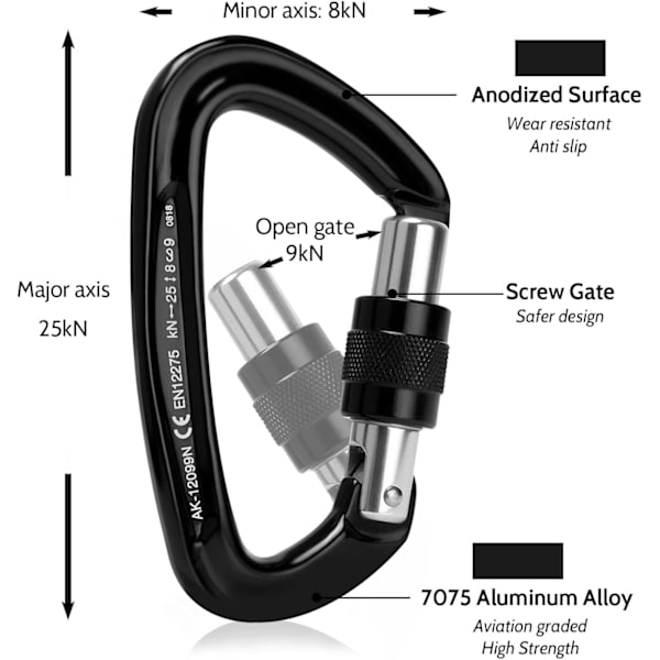 Låsekarabiner - 25kN 5600lb Klatrekarabiner Skrueport D-form