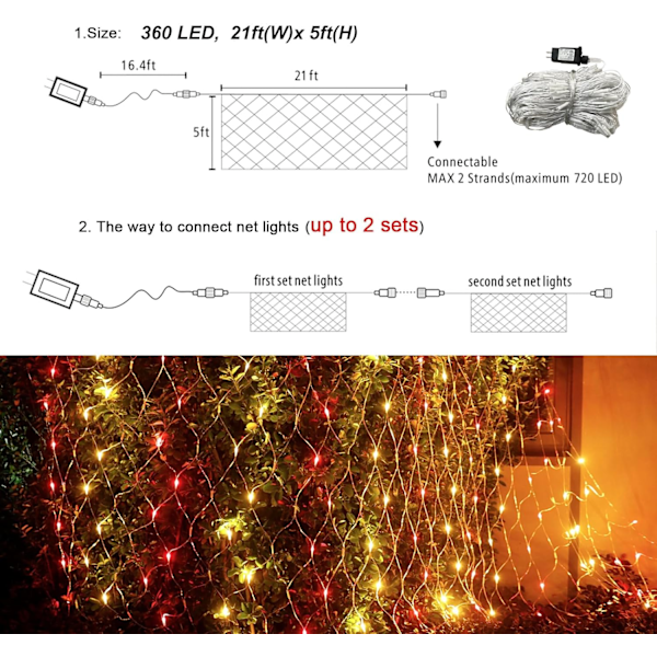 360 LED Net Lights, 21ft x 5ft Farverige Julelys Net Lys Klar Ledning 8 Tilstande, Sammenkædelig Vandtæt Lyskæde Udendørs til Buske Træ
